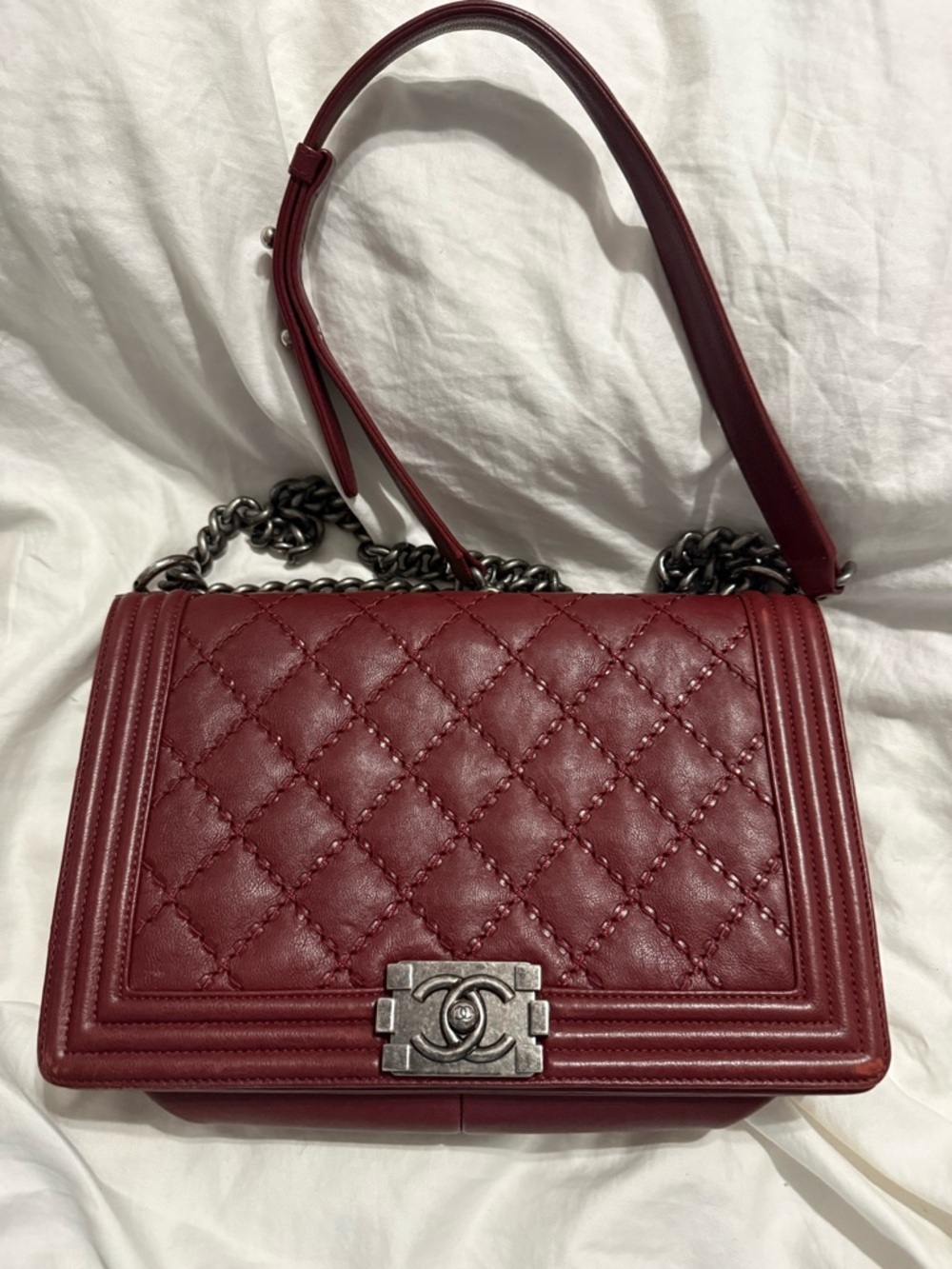 CHANEL Burgundy Quilted Leather Crossbody Boy Bag